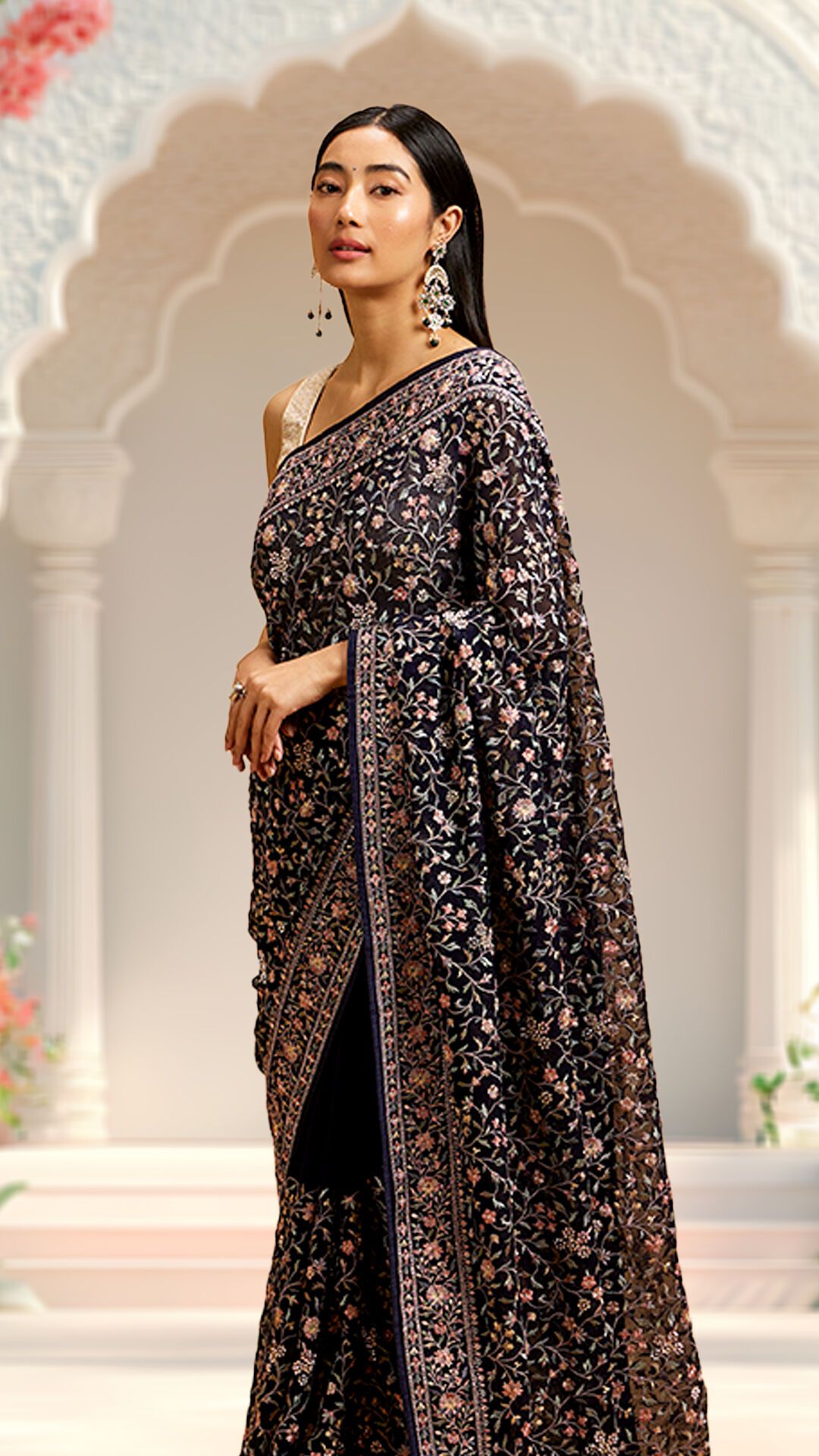 women wearing Floral Embroidered Saree with Sequin Work